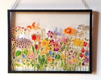 Fleurs mignonnes 16,5х12,5 panneau vitrail | Capteur de soleil fait main coloré | Verre floral peint à la main | Cadeau botanique de décoration de fenêtre et de mur