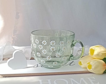 Daisy coffee mug | Flower glass tea cup | Cappuccino hand-painted mug | Cute daisy drinkware | Hand painted transparent cup | Floral gift