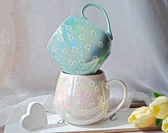 Daisy coffee mugs | Demure bellied cappuccino cups | Set of 2 cozy flower ceramic tea mugs | Cute hand painted floral cup | Gift for her