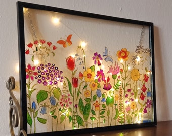 Fleurs des prés 16,5х12,5 panneau vitrail | Cadeau fait main de fleurs sauvages colorées | Verre floral peint à la main | Décoration botanique pour fenêtres et murs