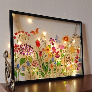 Meadow flowers 16,5х12,5 stained glass panel| Colorful wildflowers handmade gift| Hand painted floral glass| Botanical window & wall decor