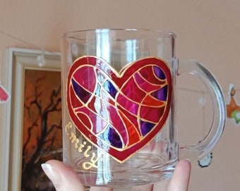 Heart stained glass mug, Personalized mug, Colorful sun catcher cup, Transparent painting cup, Hand-painted mug,  Gift for Valentine's day