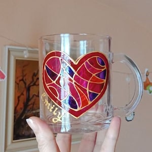 Heart stained glass mug, Personalized mug, Colorful sun catcher cup, Transparent painting cup, Hand-painted mug,  Gift for Valentine&#39;s day