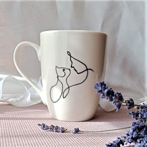 Minimalistic coffee mug | One line art tea cup| Hand-painted porcelain | Cat lover ceramic mug | Handmade pottery| Gift for pet lover