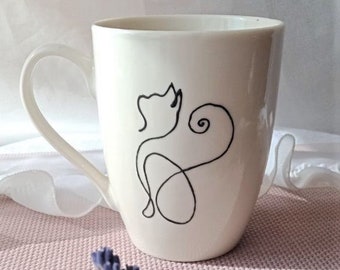 Tasse à café minimaliste | Une tasse de thé d’art au trait| | en porcelaine peinte à la main Tasse en céramique pour amoureux des chats | Poterie faite à la main| Cadeau pour les amoureux des animaux de compagnie