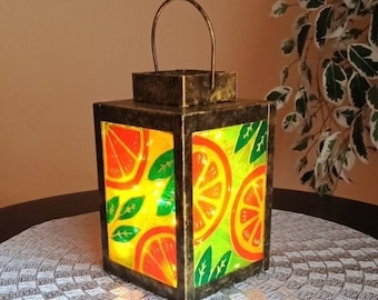 Handmade stained glass lantern. Fruits hand-painted lamp. Transparent painting candle holder. Colorful faux stained glass. Gift for her