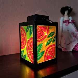 Handmade stained glass lantern. Fruits hand-painted lamp. Transparent painting candle holder. Colorful faux stained glass. Gift for her