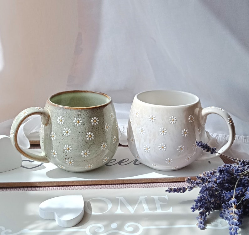 Daisy coffee mug Cozy tea cups Daisy cappuccino ceramic mug Cute daisy pottery Hand painted cup Engagement gift Wedding gift image 2