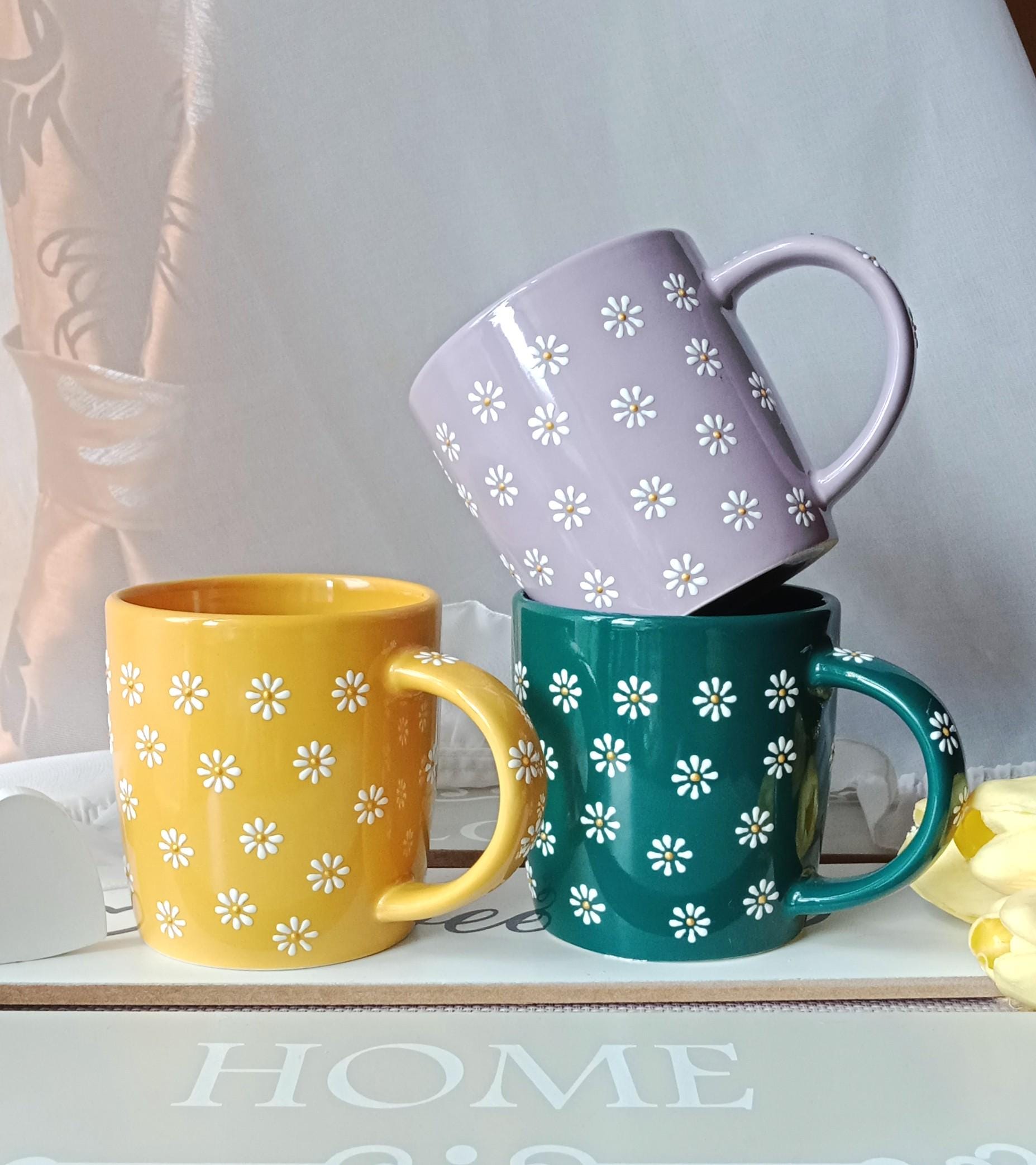 Modern Floral Coffee Mug - 3.9 Inch Ceramic Tea Cup With Daisy Pattern & Pearl Handle