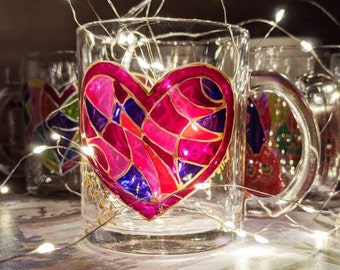 Transparent painting mug| Heart stained glass mug| Personalized mug | Sun catcher cup | Hand-painted mug | Gift for Valentine's day