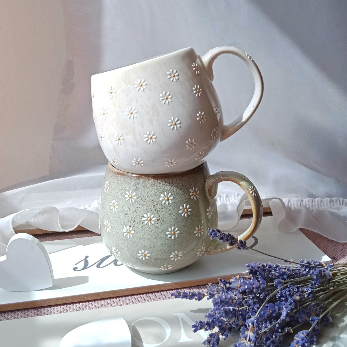 Daisy Coffee Mug | Set of 2 beige/green - Etsy