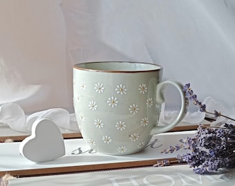 Tasse à café marguerite de 16 oz | Tasse à thé confortable | Mug cappuccino surdimensionné en céramique | Jolie tasse peinte à la main avec une fleur | Cadeau floral | Cadeau pour elle