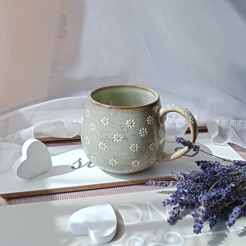 Daisy coffee mug Cozy tea cups Daisy cappuccino ceramic mug Cute daisy pottery Hand painted cup Engagement gift Wedding gift image 4