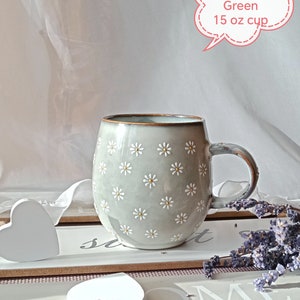 Daisy coffee mug Cozy tea cups Daisy cappuccino ceramic mug Cute daisy pottery Hand painted cup Engagement gift Wedding gift 1 GreyGreen Cup 15oz