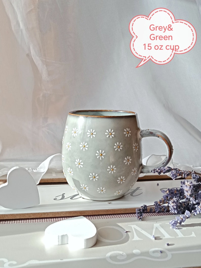 Daisy coffee mug Cozy tea cups Daisy cappuccino ceramic mug Cute daisy pottery Hand painted cup Engagement gift Wedding gift 1 GreyGreen Cup 15oz