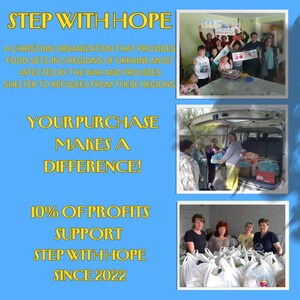 May include: A blue and yellow poster with the text "STEP WITH HOPE" and "YOUR PURCHASE MAKES A DIFFERENCE!"  The poster also includes the text "10% OF PROFITS SUPPORT STEP WITH HOPE SINCE 2022".  The poster has three images of people helping others.
