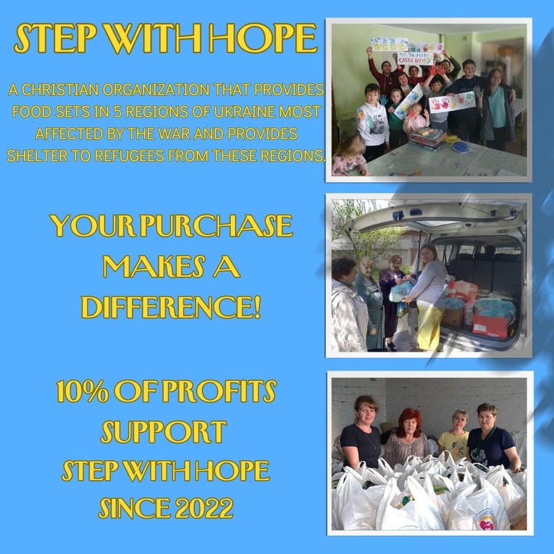 May include: A blue and yellow poster with the text "STEP WITH HOPE" and "YOUR PURCHASE MAKES A DIFFERENCE!"  The poster also includes the text "10% OF PROFITS SUPPORT STEP WITH HOPE SINCE 2022".  The poster has three images of people helping others.