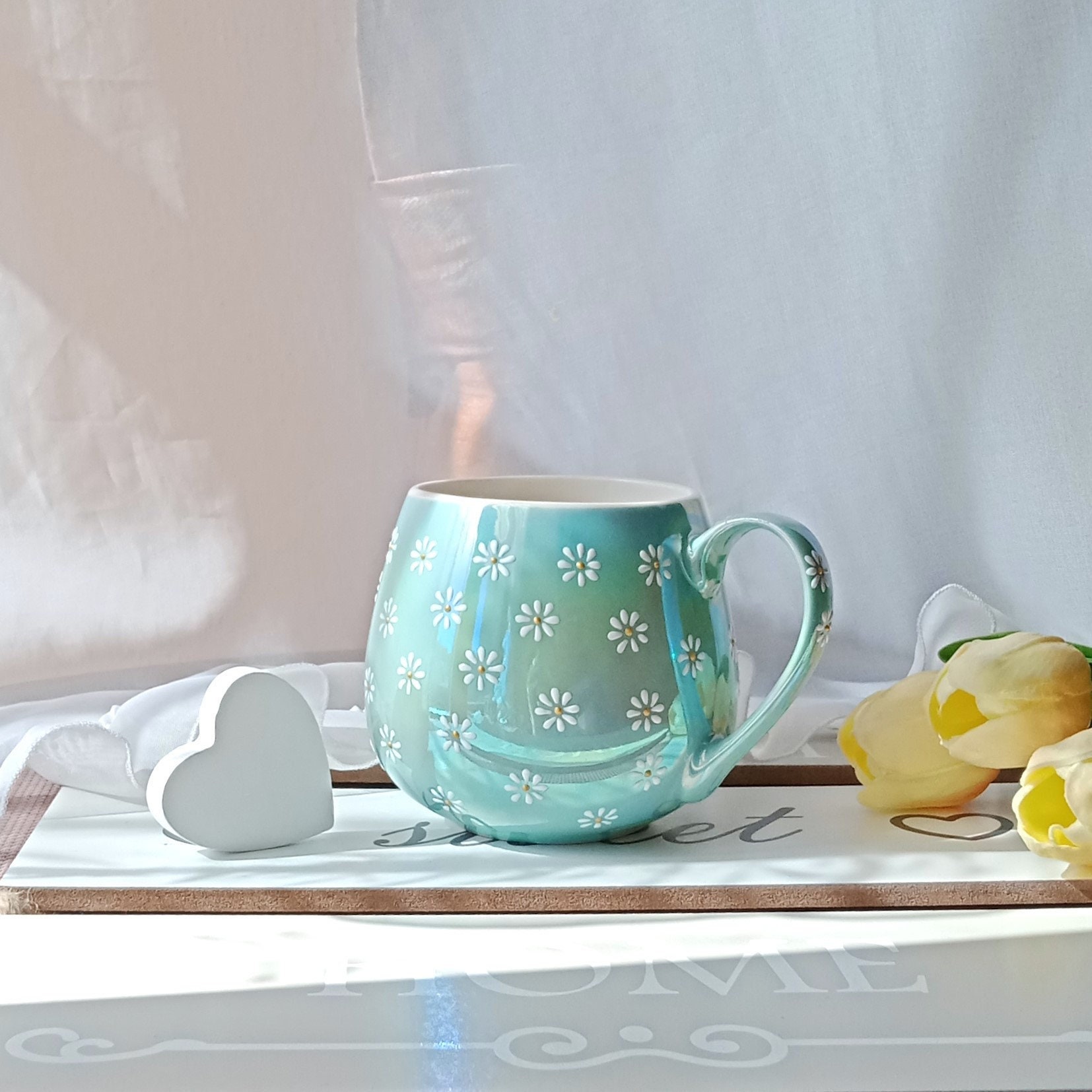 Daisy coffee mug | Cozy bellied cappuccino cup | Flower ceramic tea mug | Cute hand painted floral cup | Gift for mom-to-be of a boy