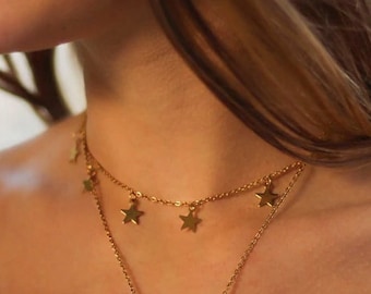 Star Chain | Golden Star Pendant | Star Necklace Silver | Celestial Body Chain Silver | Necklace with seven hearts as a pendant