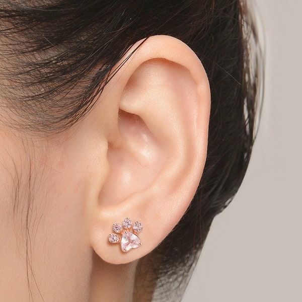 Rose Golden Dog Earrings | Gold-plated Paw Earrings | Ear Rings Cat | Dog Paws Earrings | Diamond Earrings Dog Design