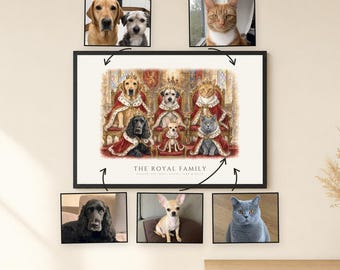 Custom Multiple Pet Portrait from Photos | 2-6 Pets Royal Group Watercolor | Pets on Thrones | Each Pet from Its Own Photo | Proof First
