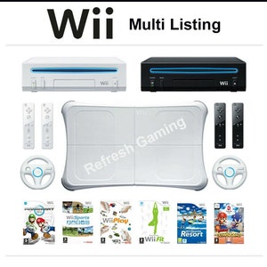 May include: A white and black Nintendo Wii console bundle with two controllers, a Wii MotionPlus, a steering wheel, and a selection of video games, including Wii Sports, Wii Play, Wii Fit, Wii Sports Resort, and Mario Kart Wii.
