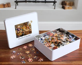Personalized Grandparents Jigsaw Puzzle | Grandchildren Painted Into a Storybook Scene | Grandma Grandad Gift in Personalized Tin