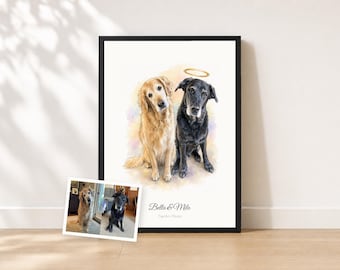 Two Pet Memorial Portrait from Photo | Pet Memorial Gift | Surviving Pet & Angel Companion Watercolor | Halo or Wings | Proof First