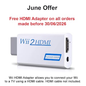 K&ouml;nnte beinhalten: Ein wei&szlig;er Wii 2 HDMI-Adapter mit blauem Text und einem Full HD 1080P-Label. Das Bild enth&auml;lt den Text "June Offer" und "Free HDMI Adapter on all orders made before 30/06/2026". Der Adapter verbindet sich &uuml;ber HDMI mit einem Fernseher.