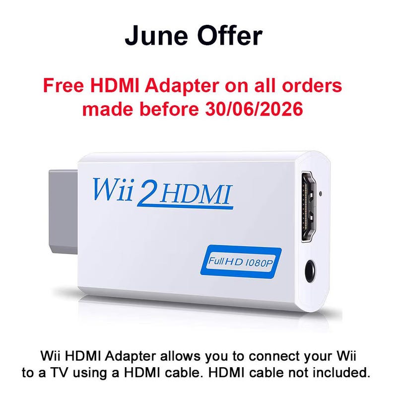 K&ouml;nnte beinhalten: Ein wei&szlig;er Wii 2 HDMI-Adapter mit blauem Text und einem Full HD 1080P-Label. Das Bild enth&auml;lt den Text "June Offer" und "Free HDMI Adapter on all orders made before 30/06/2026". Der Adapter verbindet sich &uuml;ber HDMI mit einem Fernseher.