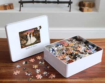 Personalized Hers and Hers Couple Jigsaw Puzzle from Photo | You Two Painted Into a Storybook Scene | Mrs & Mrs Anniversary Gift in Tin