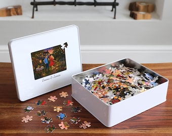 Personalized Couples Jigsaw Puzzle from Photo | You Two Painted Into a Storybook Scene | Anniversary Gift in Personalized Tin