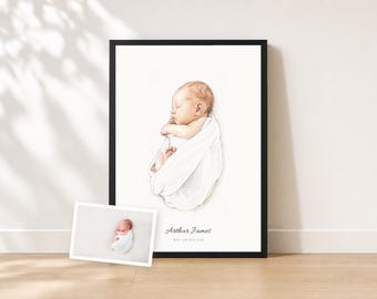 Personalized New Baby Portrait from Photo | Watercolor Nursery Print | Christening Naming Day Gift | First Family Portrait Keepsake