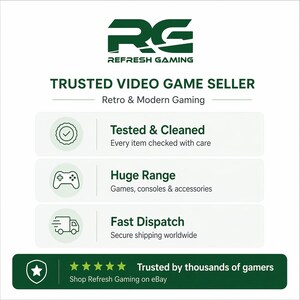 K&ouml;nnte beinhalten: Wei&szlig;er Hintergrund mit dem Refresh Gaming Logo und Text. Der Text lautet "TRUSTED VIDEO GAME SELLER" und "Retro & Modern Gaming." Zus&auml;tzlicher Text hebt "Tested & Cleaned," "Huge Range" und "Fast Dispatch" hervor.