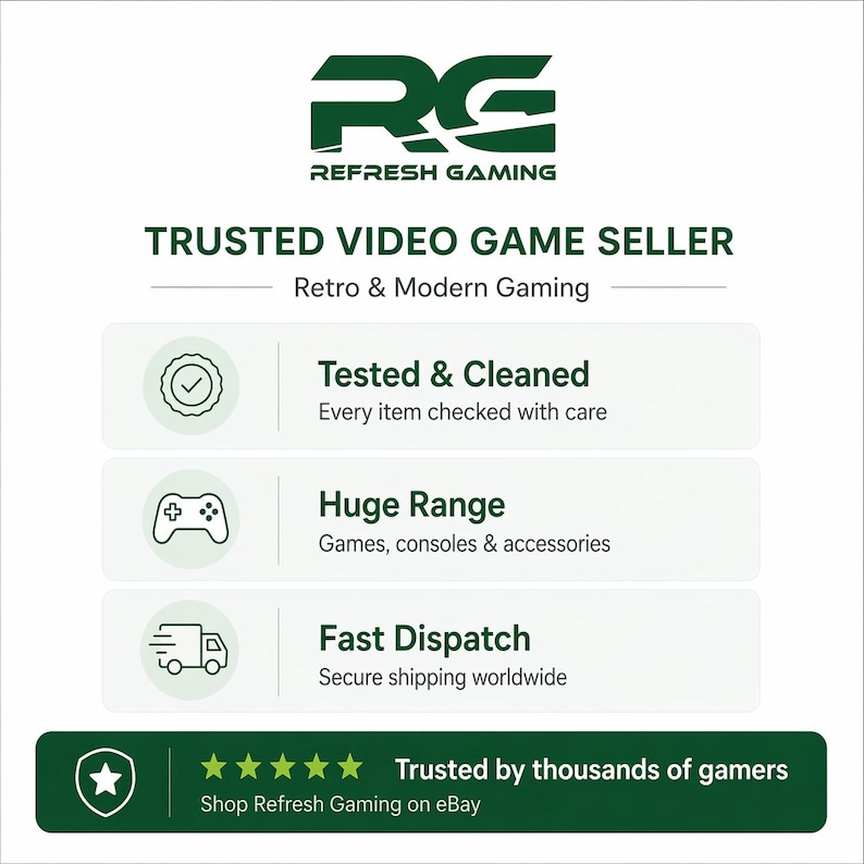 K&ouml;nnte beinhalten: Wei&szlig;er Hintergrund mit dem Refresh Gaming Logo und Text. Der Text lautet "TRUSTED VIDEO GAME SELLER" und "Retro & Modern Gaming." Zus&auml;tzlicher Text hebt "Tested & Cleaned," "Huge Range" und "Fast Dispatch" hervor.