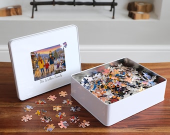 Personalized Family Jigsaw Puzzle | Your Family Painted Into a Christmas Scene | Storybook Portrait Puzzle in Personalized Gift Tin