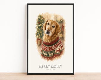 Christmas Golden Retriever Portrait from Photo | Personalized Santa Watercolor Dog Print | Christmas Gift for Dog Lovers