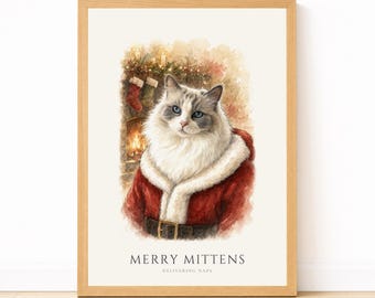Christmas Ragdoll Cat Portrait from Photo | Personalized Santa Watercolor Cat Print | Christmas Gift for Cat Lovers