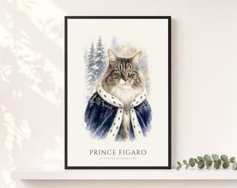 Christmas Maine Coon Cat Portrait from Photo | Personalized Santa Watercolor Cat Print | Christmas Gift for Cat Lovers