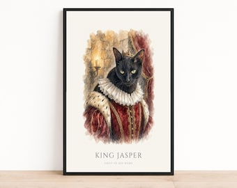 Royal Black Cat Portrait from Photo | Personalized Renaissance Watercolor Cat Print | Gift for Cat Lovers