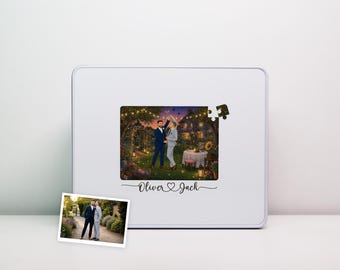 Personalized Two Grooms Jigsaw Puzzle from Your Photo | Storybook Watercolor Scene | Keepsake Tin | Gay Wedding Gift