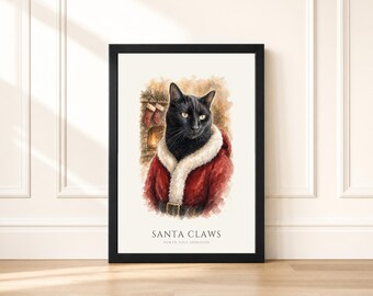 Christmas Black Cat Portrait from Photo | Personalized Santa Watercolor Cat Print | Christmas Gift for Cat Lovers