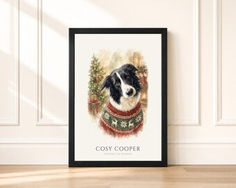 Christmas Border Collie Portrait from Photo | Personalized Santa Watercolor Dog Print | Christmas Gift for Dog Lovers