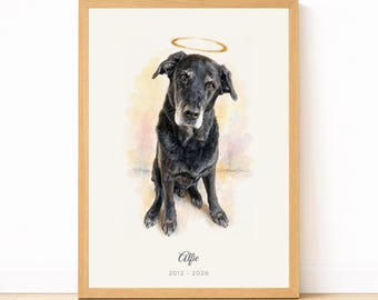 Dog Memorial Portrait from Photo | Personalized Watercolor Pet Loss Gift | Rainbow Bridge Keepsake | Halo or Angel Wings | Proof First