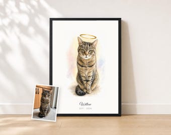 Cat Memorial Gift | Custom Angel Cat Portrait from Photo | Cat Loss Gift Watercolor | Halo or Wings Keepsake | Rainbow Bridge | Proof First