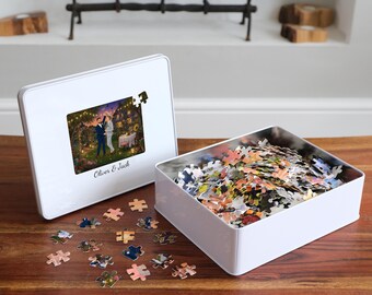Personalized His and His Couple Jigsaw Puzzle from Photo | You Two Painted Into a Storybook Scene | Mr & Mr Anniversary Gift in Tin