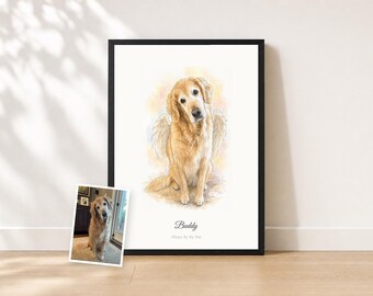 Dog Remembrance Gift | Custom Angel Dog Portrait from Photo | Watercolor Pet Loss Keepsake | Halo or Wings Memorial Print | Proof First