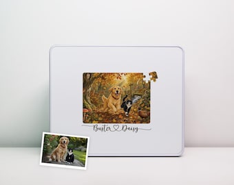 Personalized Pet Jigsaw Puzzle from Your Photo | Dog or Cat Storybook Watercolor Scene | Keepsake Tin | Gift for Pet Lovers