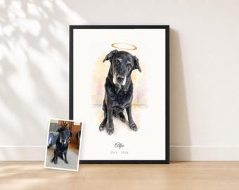 Dog Memorial Gift | Custom Angel Dog Portrait from Photo | Dog Loss Gift Watercolor | Halo or Wings Keepsake | Rainbow Bridge | Proof First
