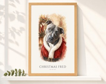 Christmas Staffie Portrait from Photo | Personalized Santa Watercolor Dog Print | Christmas Gift for Dog Lovers
